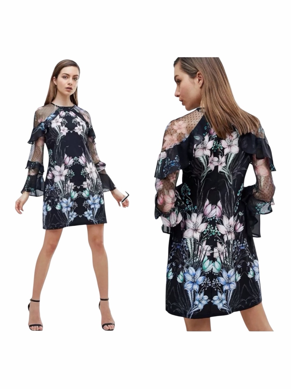 Lipsy London Dark Floral Ruffled Sheer Sleeve Cocktail Dress. Size US 12/UK 16.